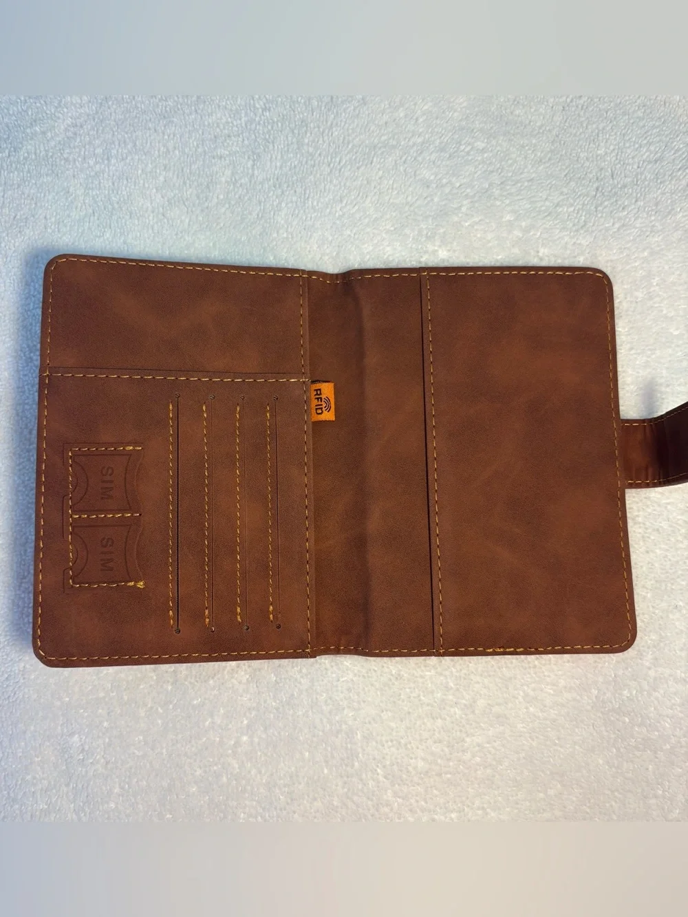 NEW Brown Vegan Leather Slim Passport Holder RFID Blocking Embossed 7 pocket